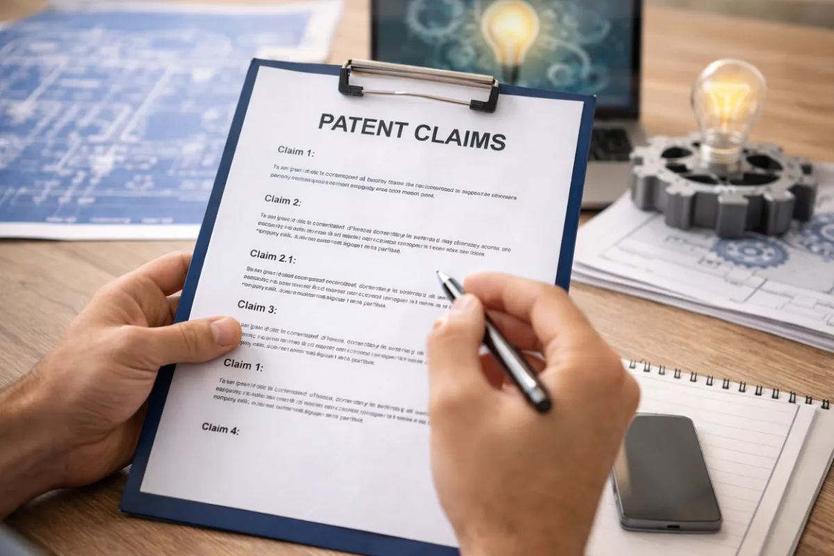 An inventor going through a document containing patent claims