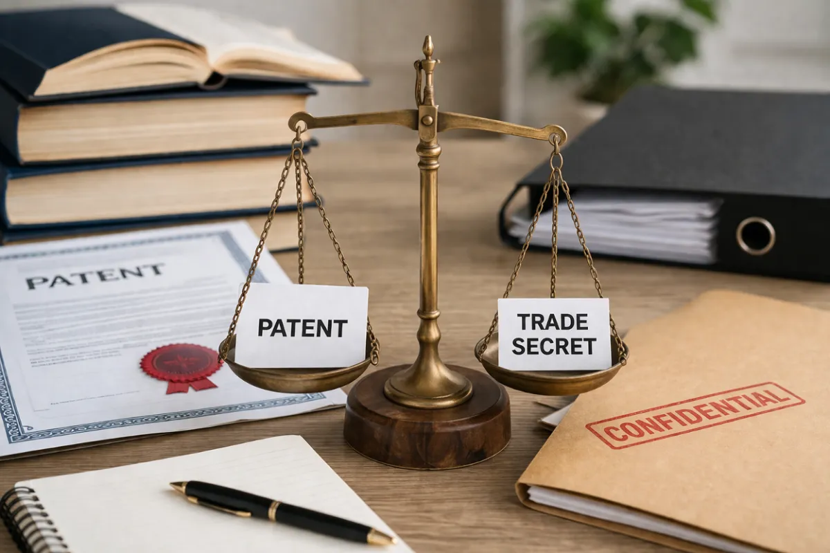 A scale illustrating the comparison between a patent and a trade secret
