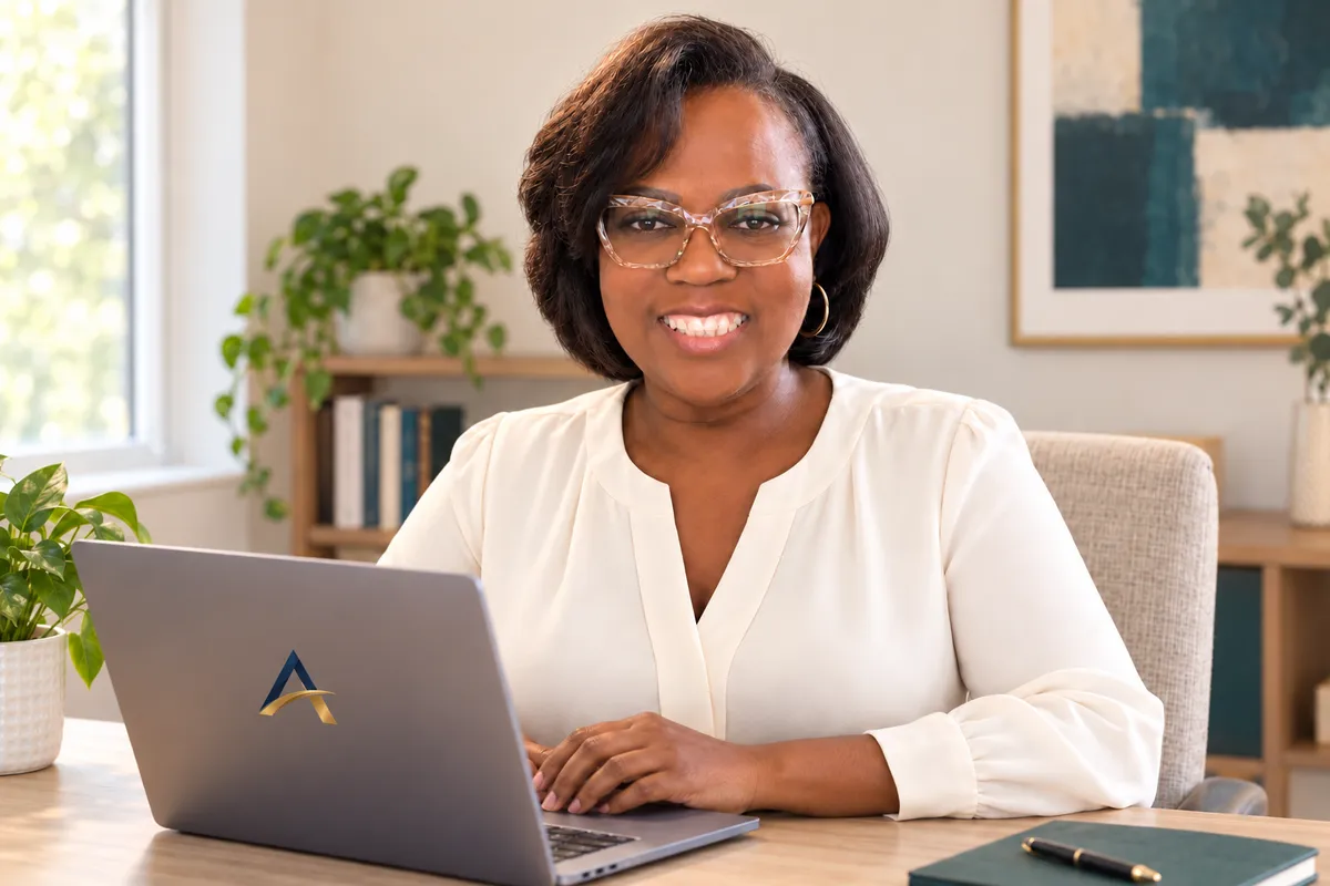 Sonda Hilario in her home office with the Ario AI Works A monogram