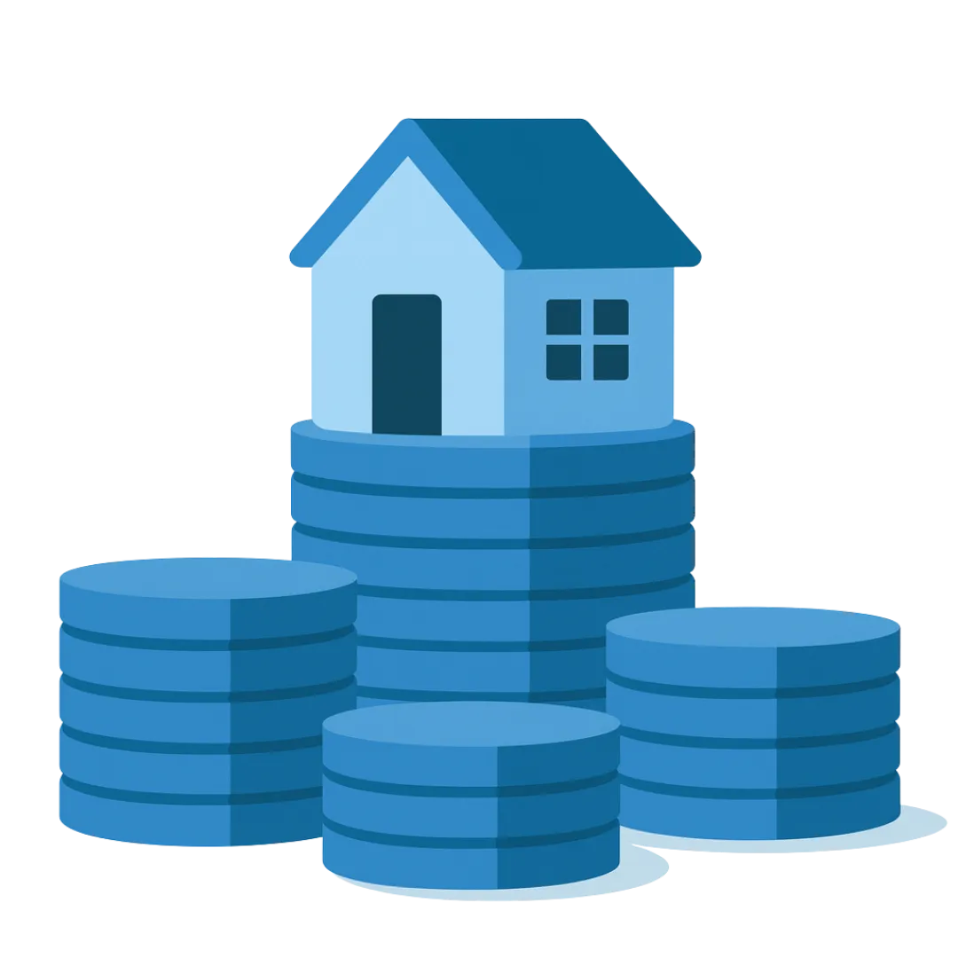 Equity release icon with house and coins representing later life lending advice from Aspect Mortgages