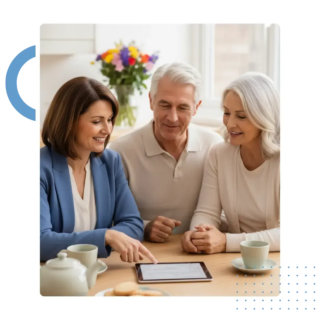 An older couple reviewing lifetime mortgage documents with peace of mind in their living room.