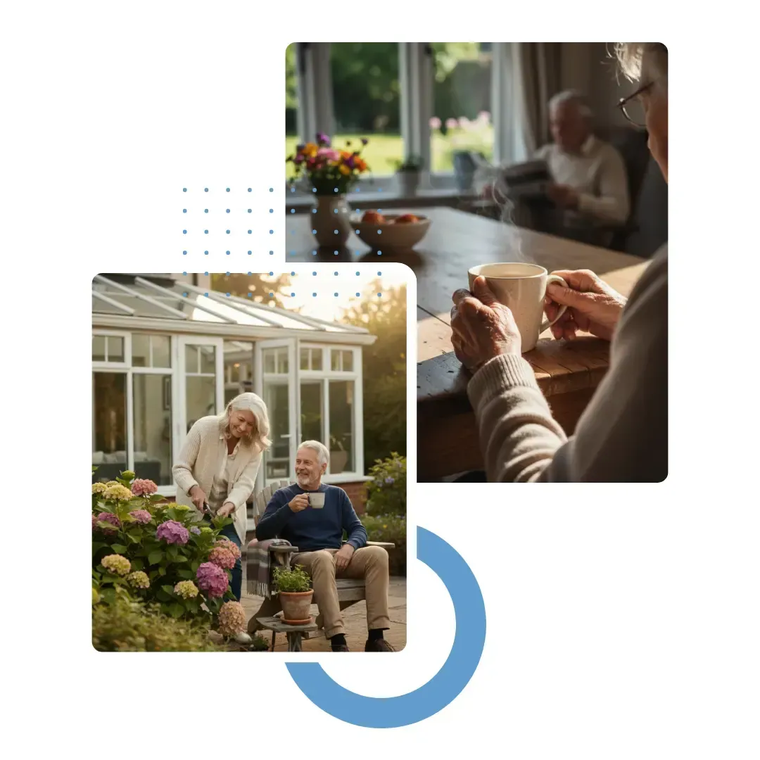 Collage of retired lifestyle activities showing gardening and drinking tea funded by equity release