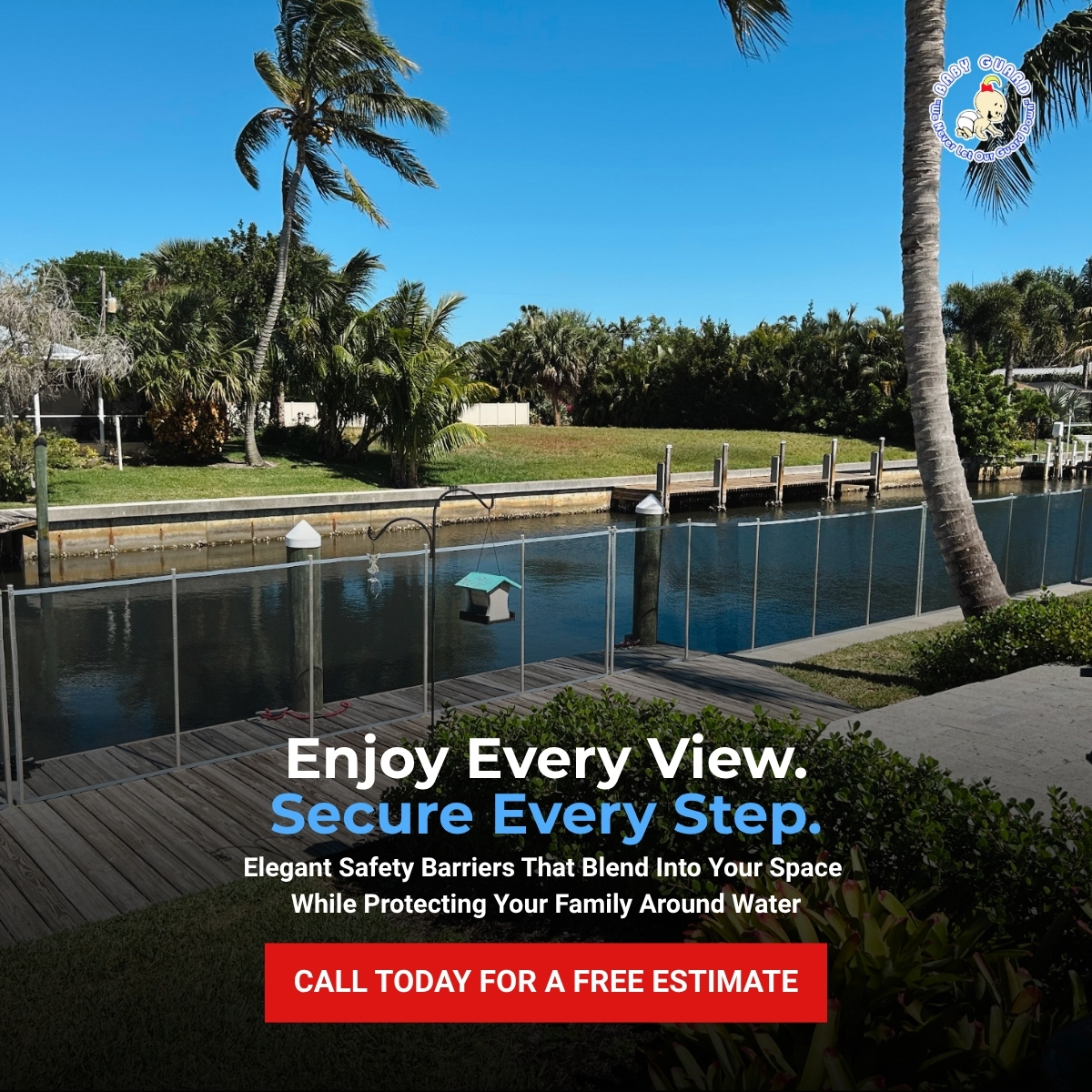 Clean low-profile mesh pool fence installation around a backyard pool with water view in Florida