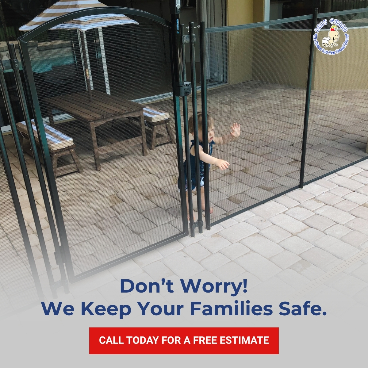 Child safety pool fence gate and removable mesh pool barrier installed around a backyard pool in Florida