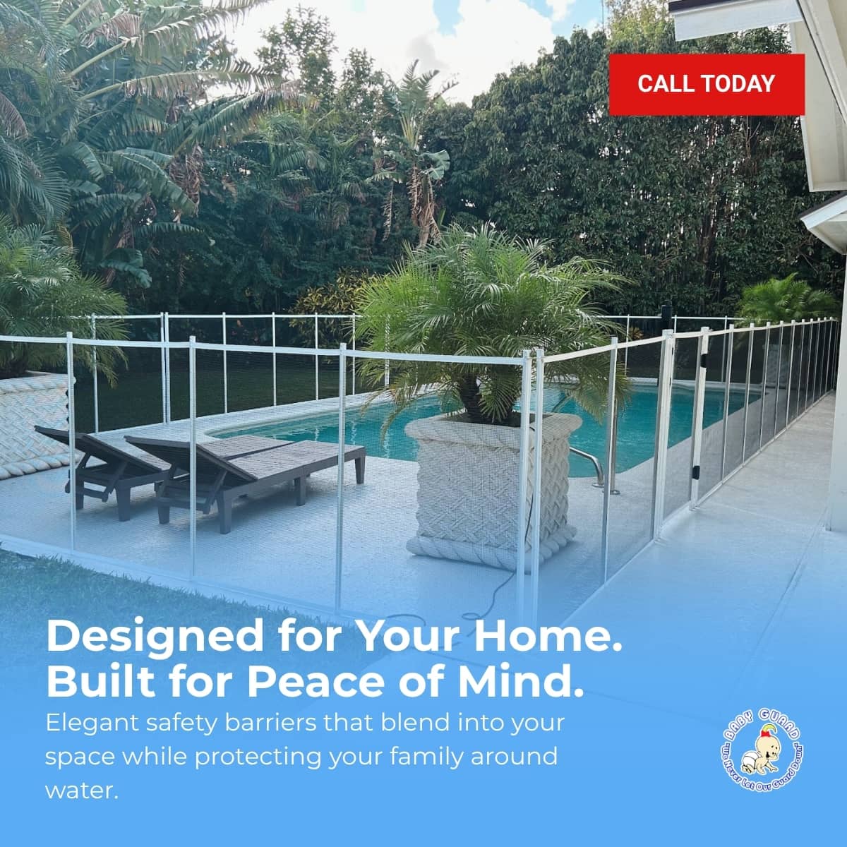 Removable mesh pool fence installed around a residential swimming pool for child safety and flexible access in Florida