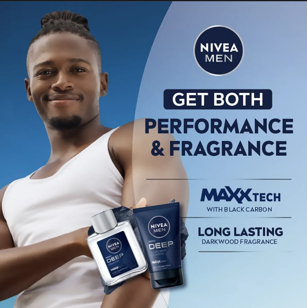 Behind-the-scenes still from a live skincare campaign set featuring Thabang mid-shot with production lights and crew out of focus.