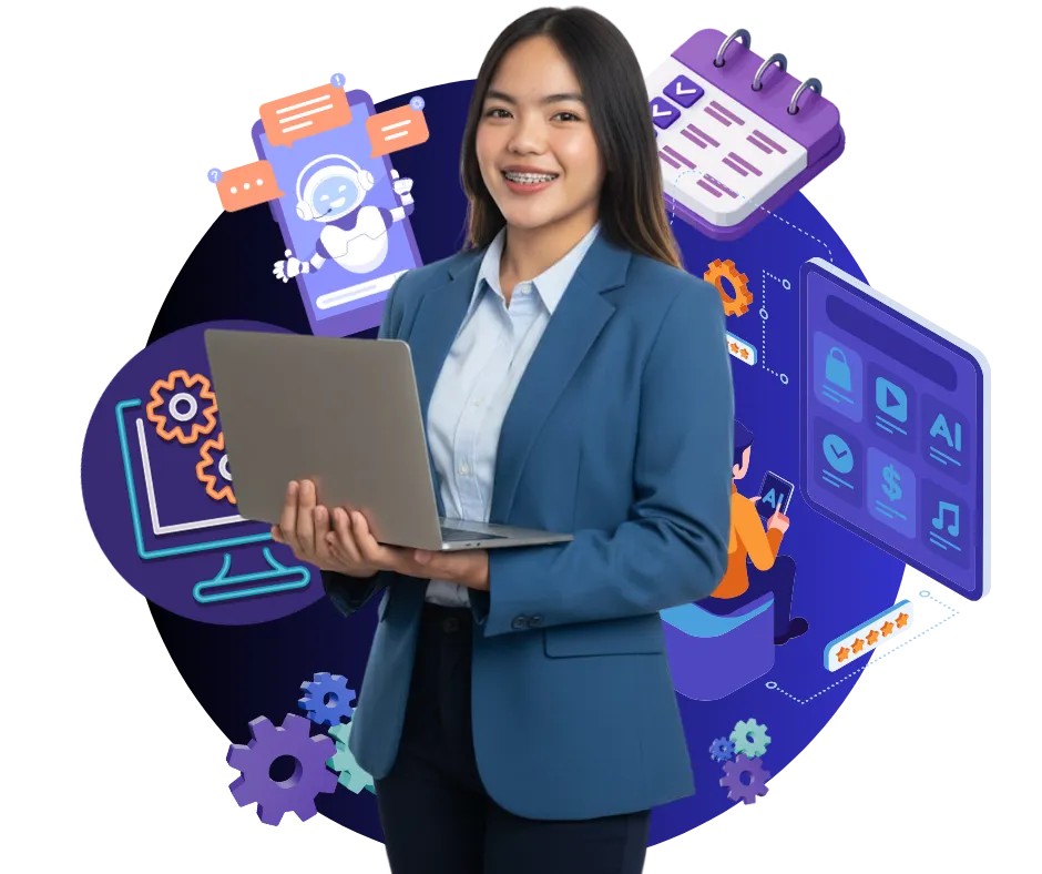 A confident small business owner stands in a modern workspace, surrounded by digital devices displaying automated workflow charts. The background features soft blue gradients, conveying innovation and efficiency. The subject is mid-30s, wearing business casual, smiling with arms crossed, exuding trust and approachability.