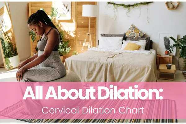 Pregnant woman sitting on a bed with text reading All About Dilation: Cervical Dilation Chart