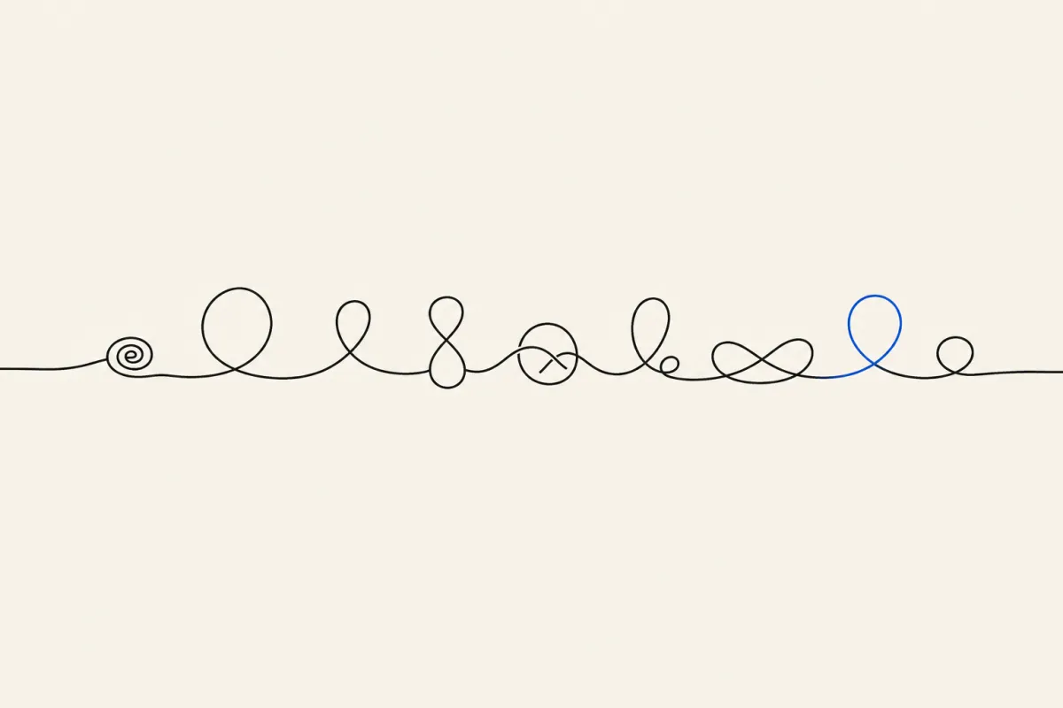 Ten small loops of varied character along one unbroken ink line, the accent loop drawn in blue.