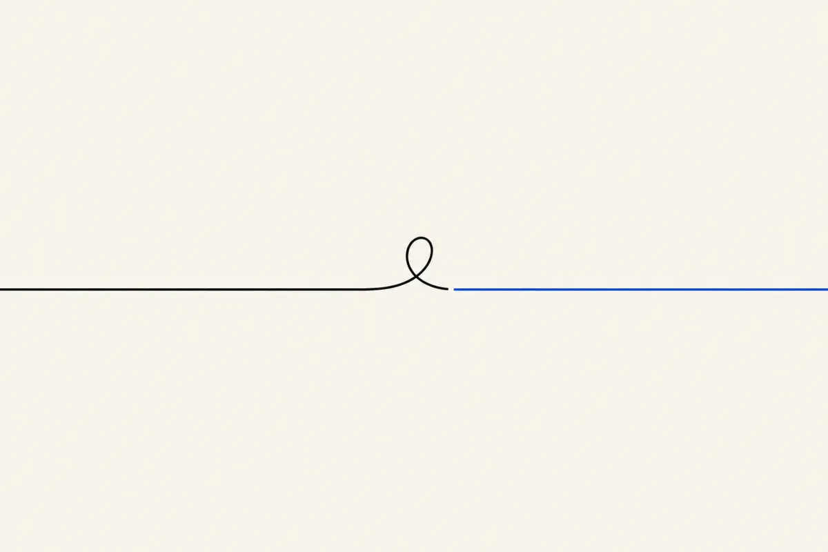 A single ink line breaks mid-path, coils into a small loop, then resumes in blue: the execution gap between knowing and doing.