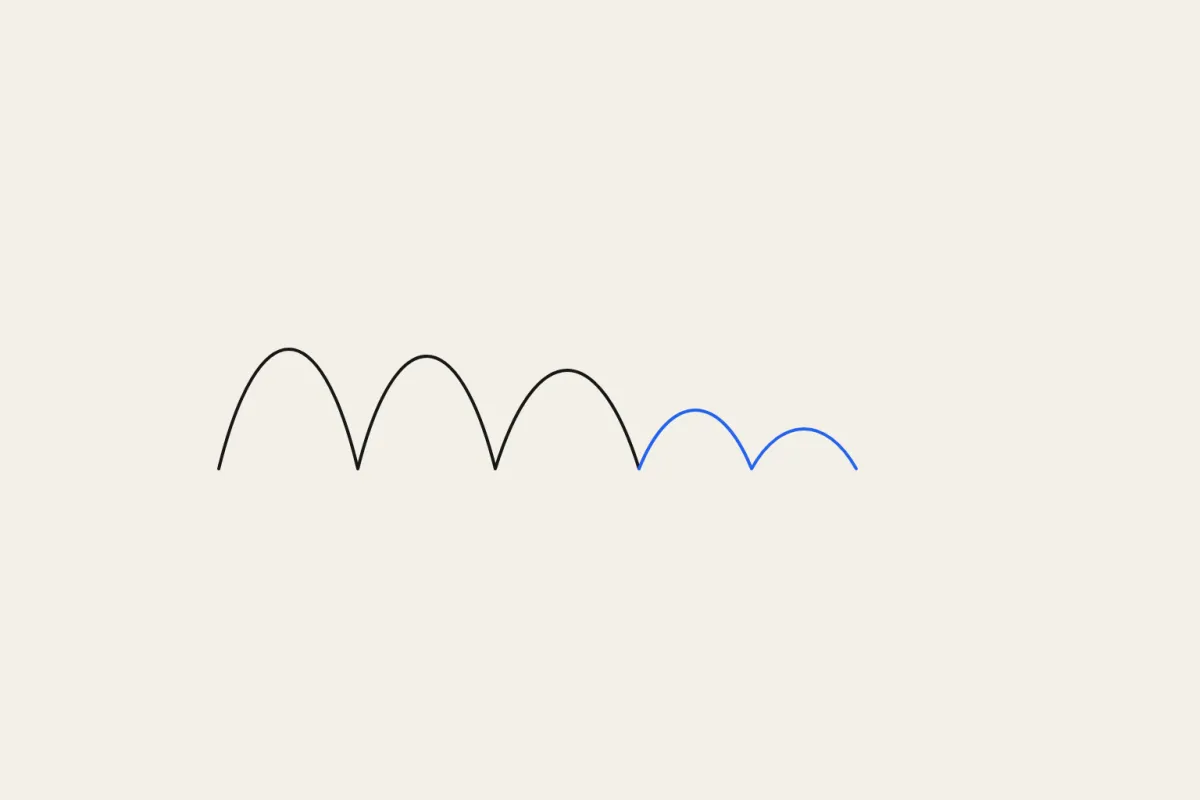 Line illustration of fading peaks — why you keep buying the feeling of deciding to change, not the change.