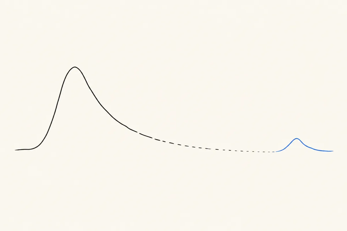 A single ink line rises to a peak, decays into a long dashed fade, and a small blue rise begins at the end: the re-purchase.