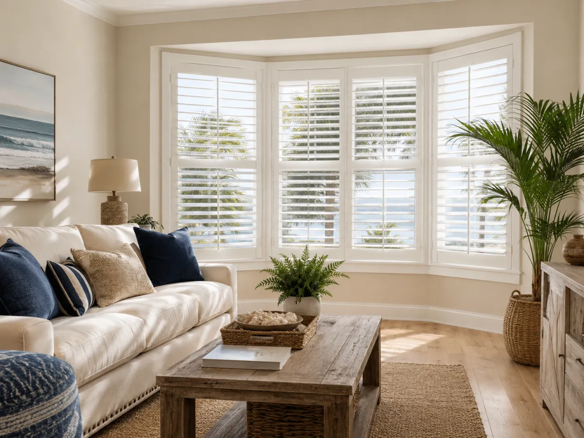 White interior plantation shutters installed on a living room bay window