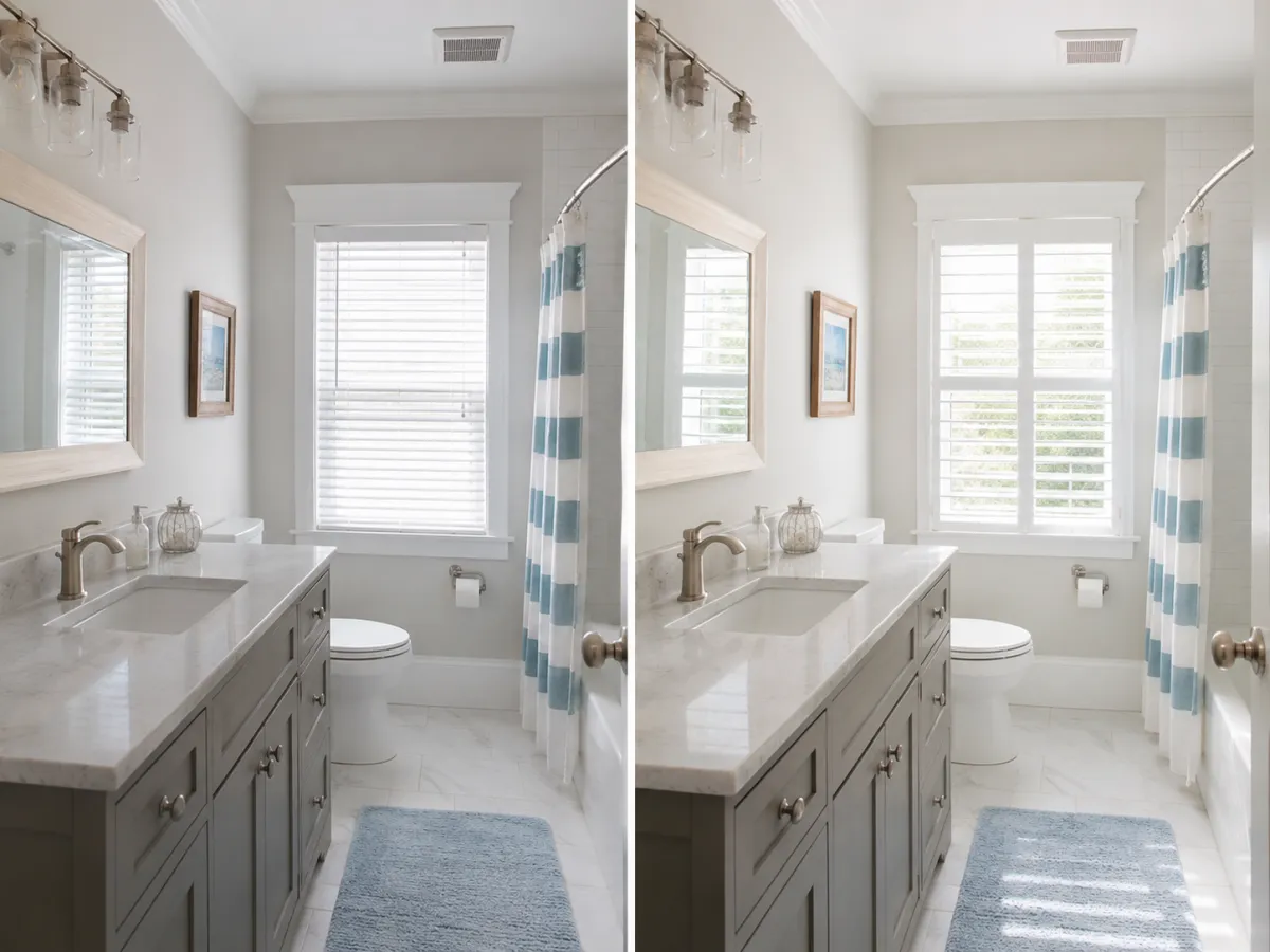Bathroom with white plantation shutters above the vanity