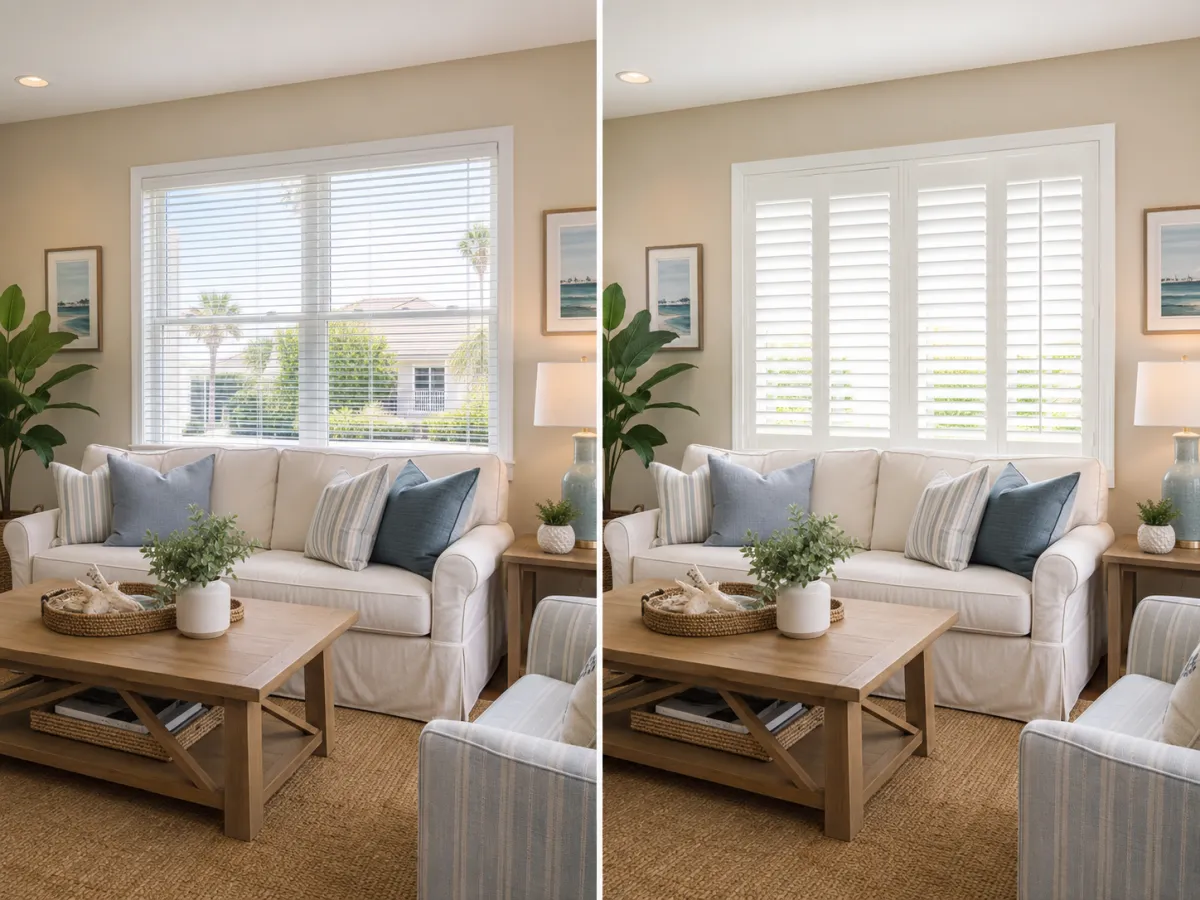 Living room with neutral sofa and white plantation shutters