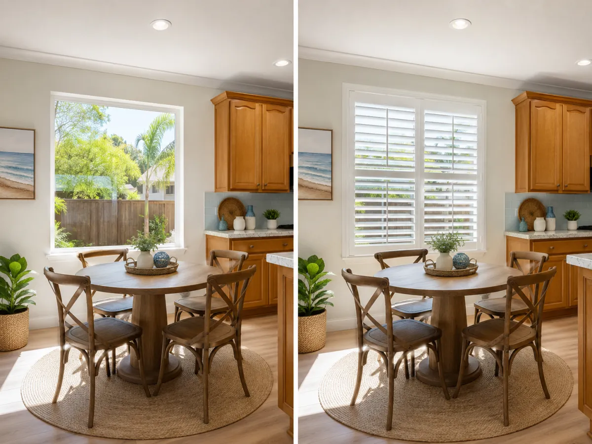 Kitchen/dining nook with round table and white plantation shutters