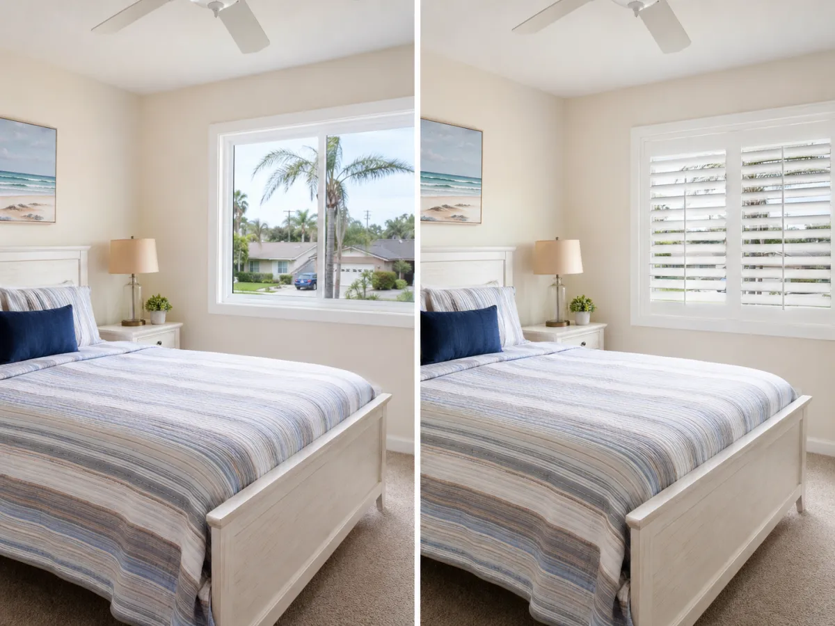 Living room with neutral sofa and white plantation shutters