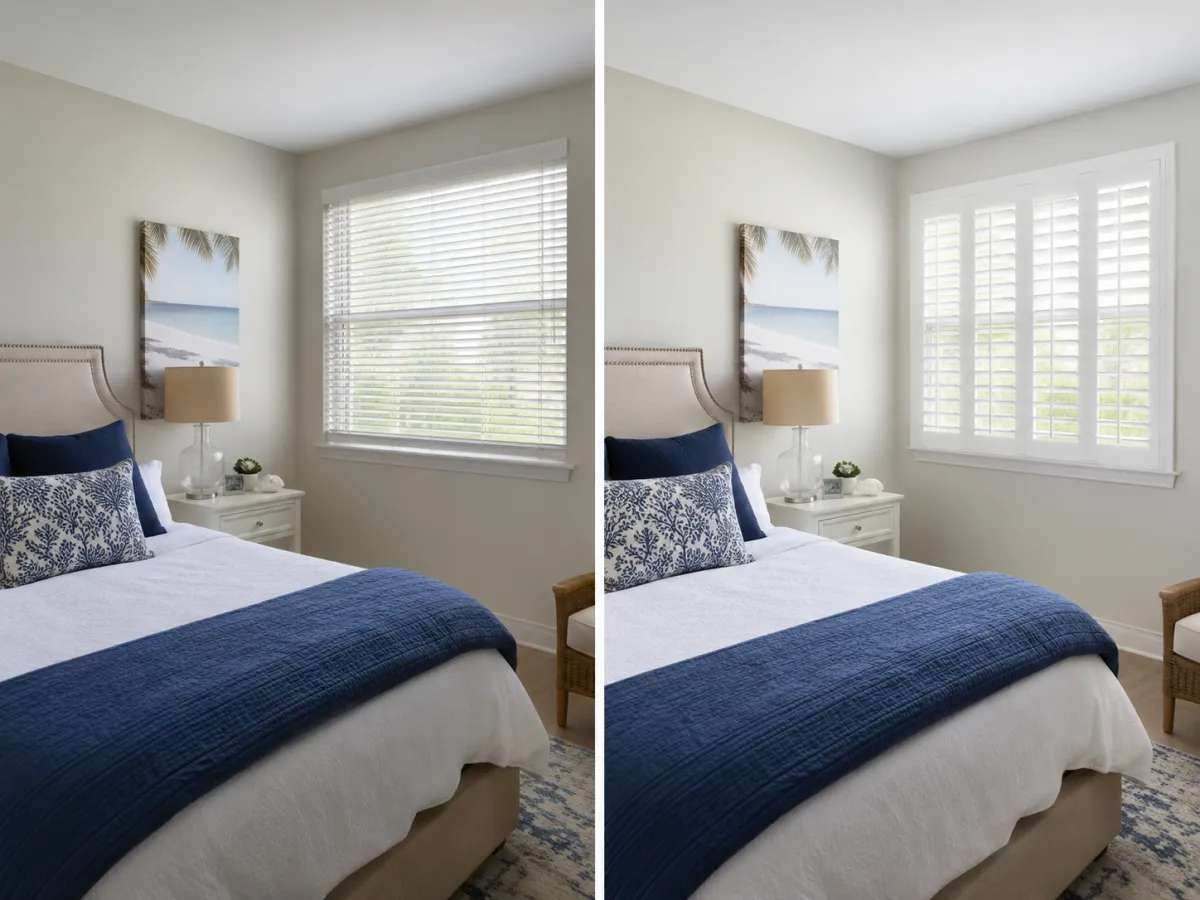 Bedroom with navy bedding and white plantation shutters