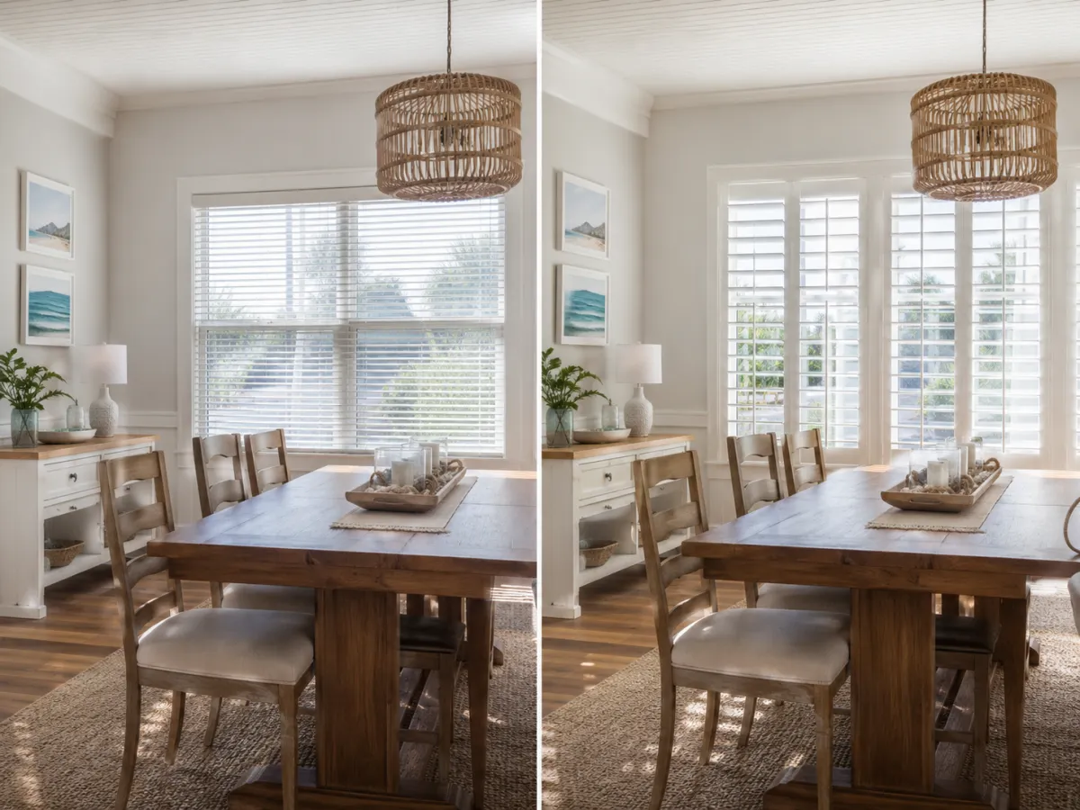 Dining room with wood table and white plantation shutters