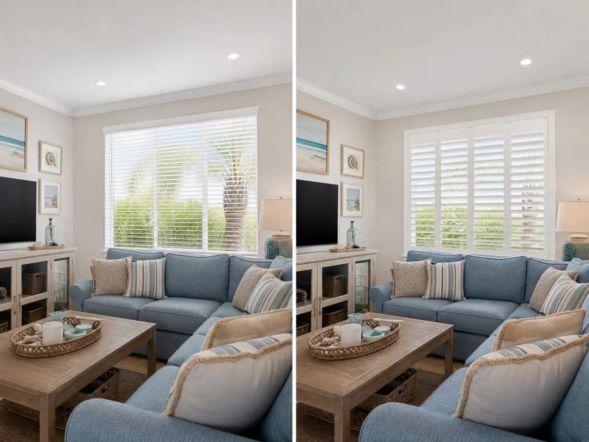 Living room with blue sectional and plantation shutters
