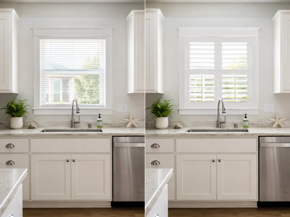 Before and after kitchen window with white interior plantation shutters