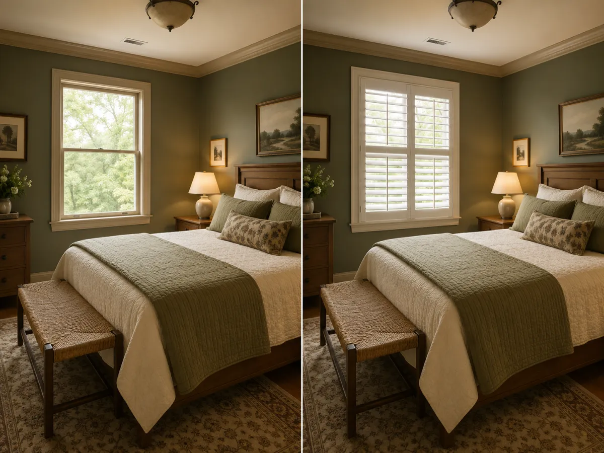 Before and after bedroom window with custom interior plantation shutters