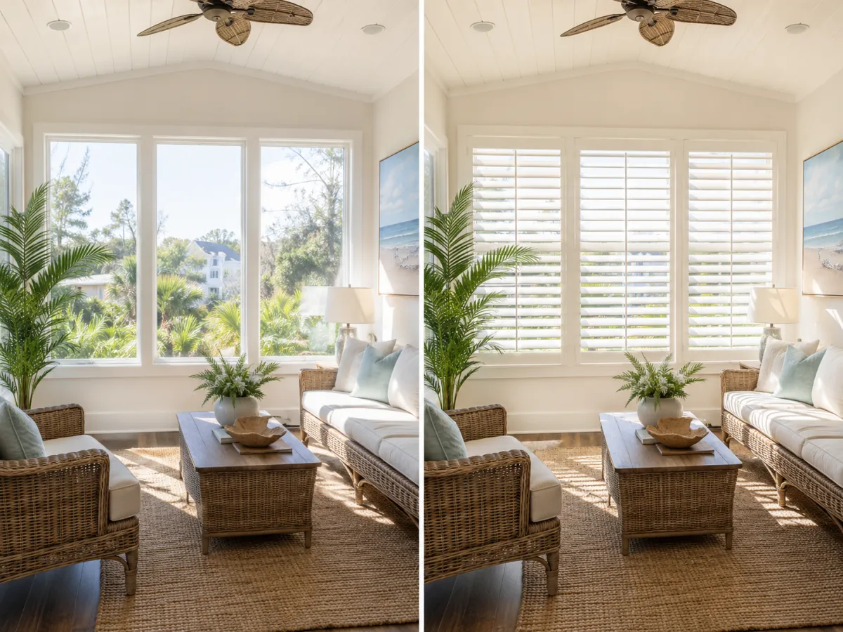 Before and after living room windows with custom white interior plantation shutters