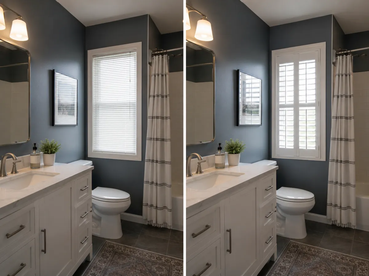 Navy bathroom with white plantation shutters