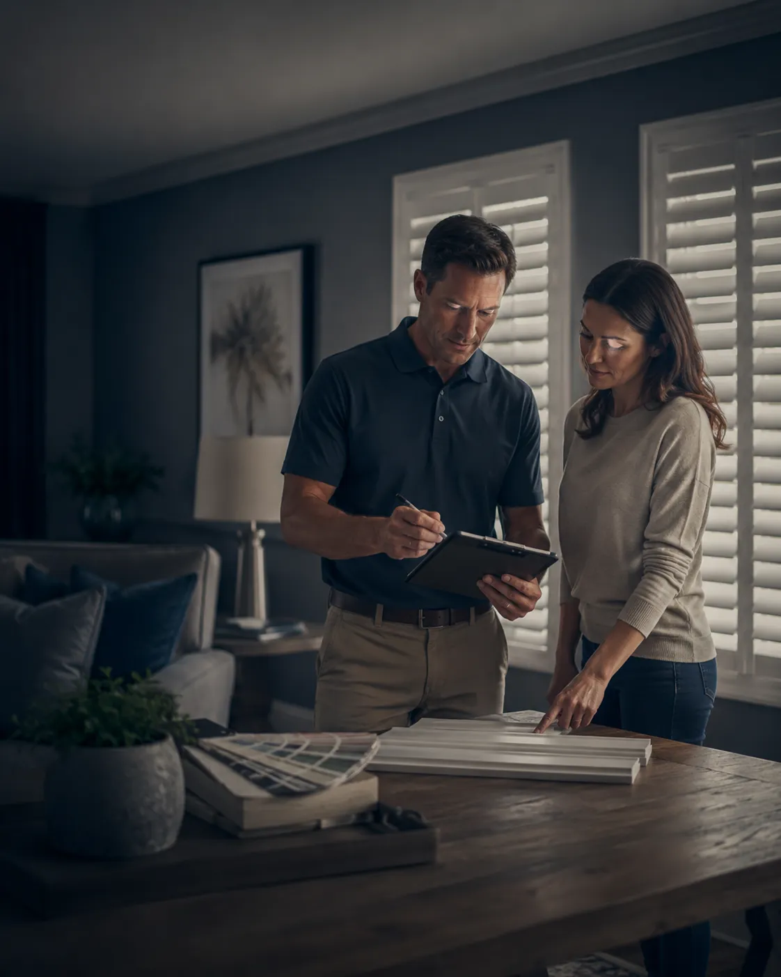 Homeowners preparing measurements for a custom interior shutter quote