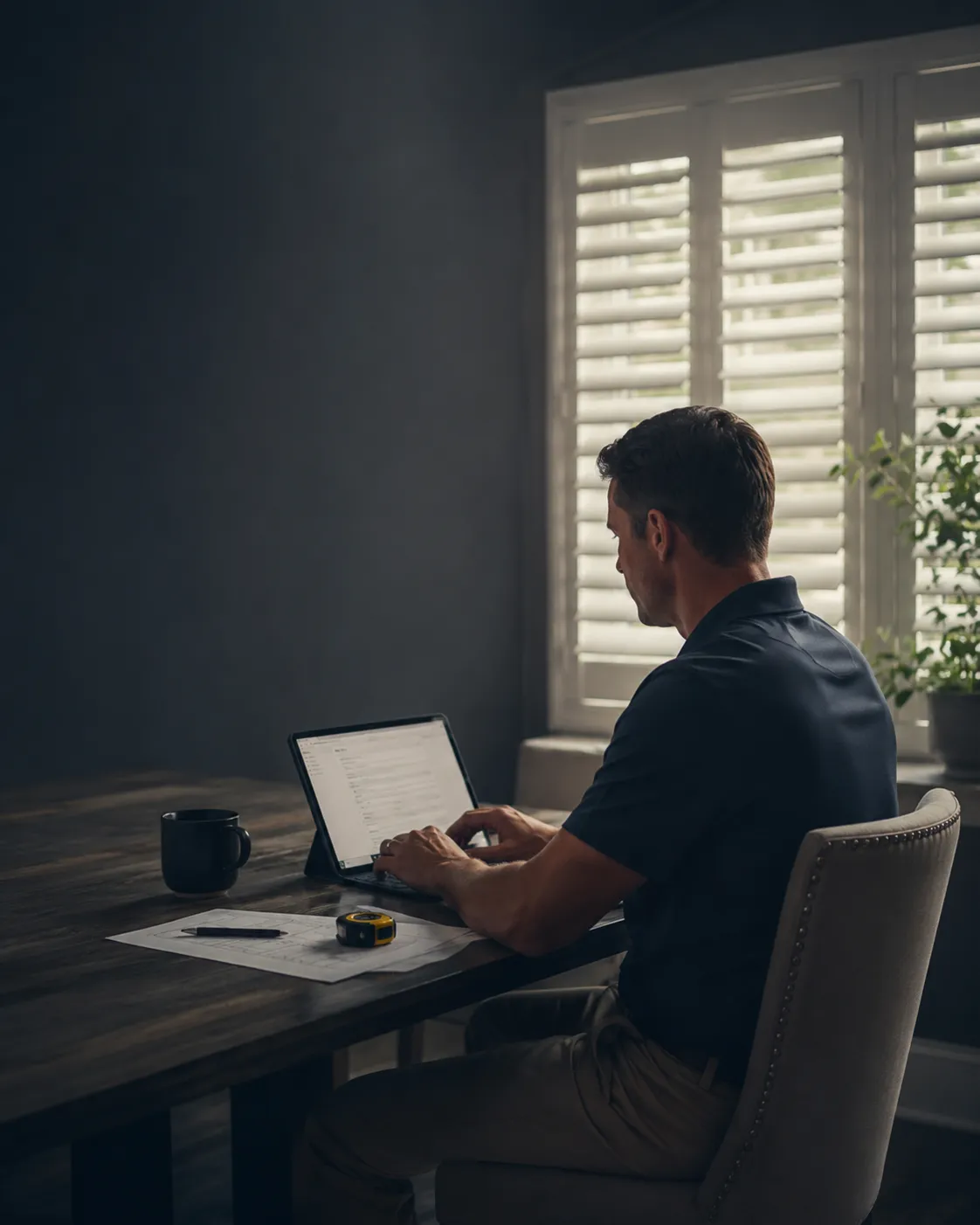 Homeowner reviewing custom shutter quote details on a laptop