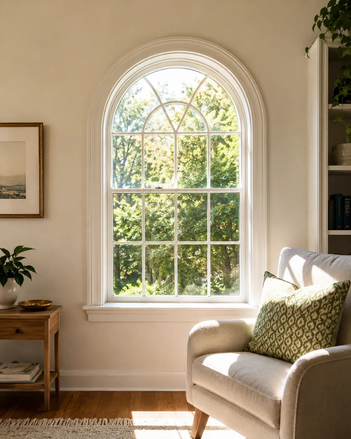 Arched window in a living room for custom interior shutter review