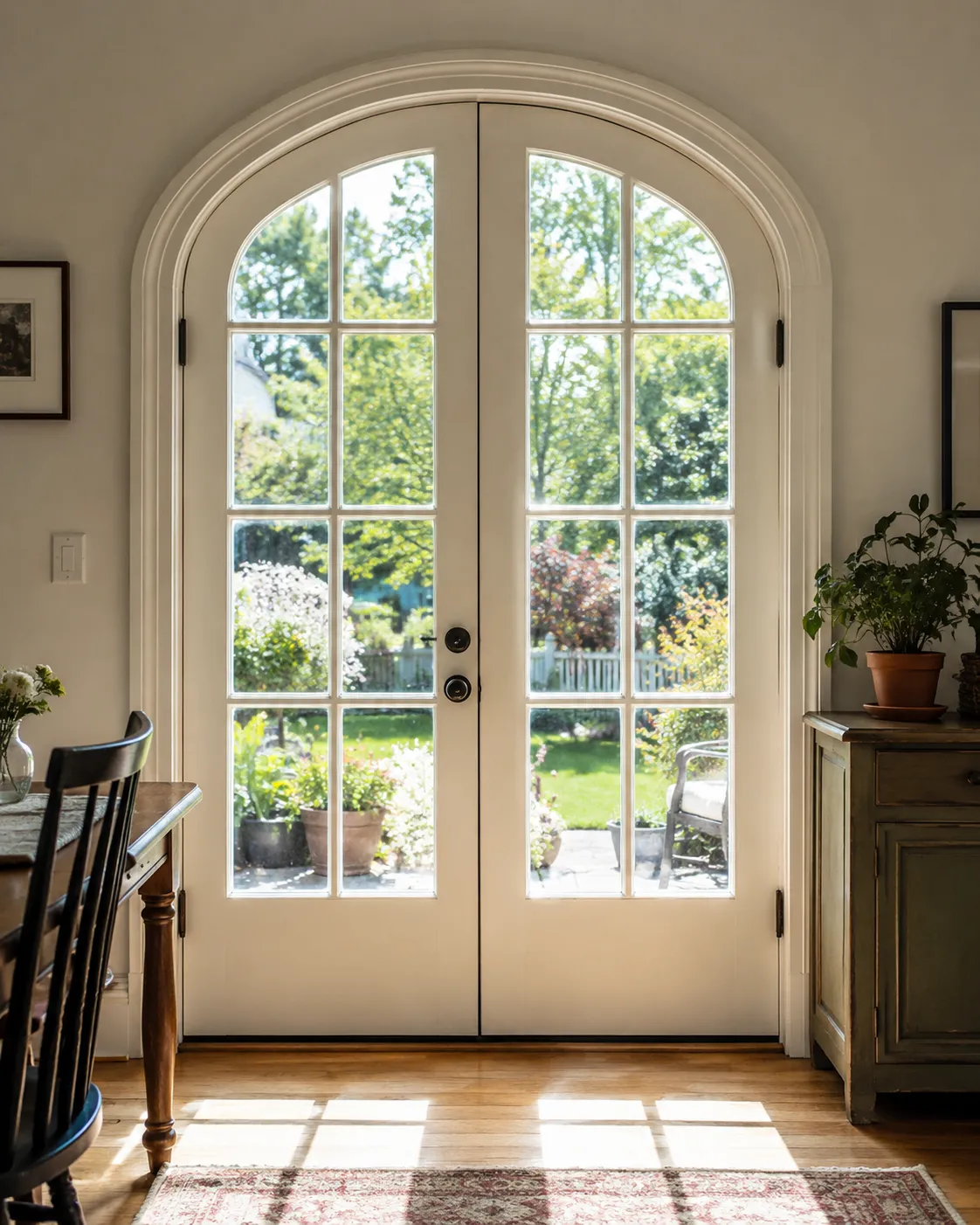 Interior French doors with specialty window shapes for custom shutter planning