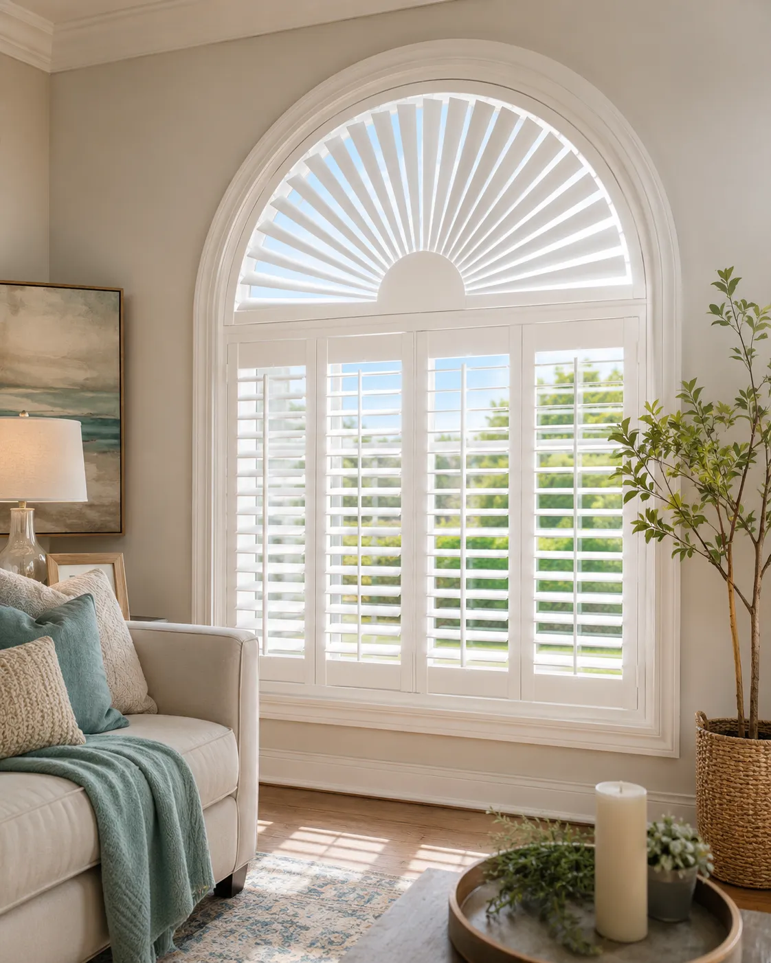 Deluxe sunburst interior shutters for an arched window