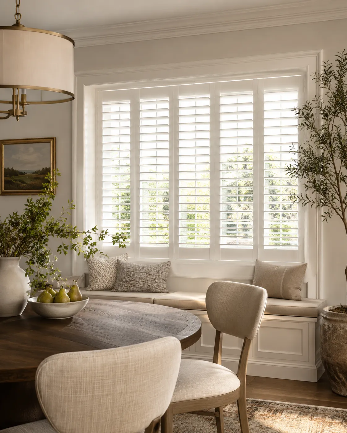 Original style custom interior plantation shutters in a bright dining room