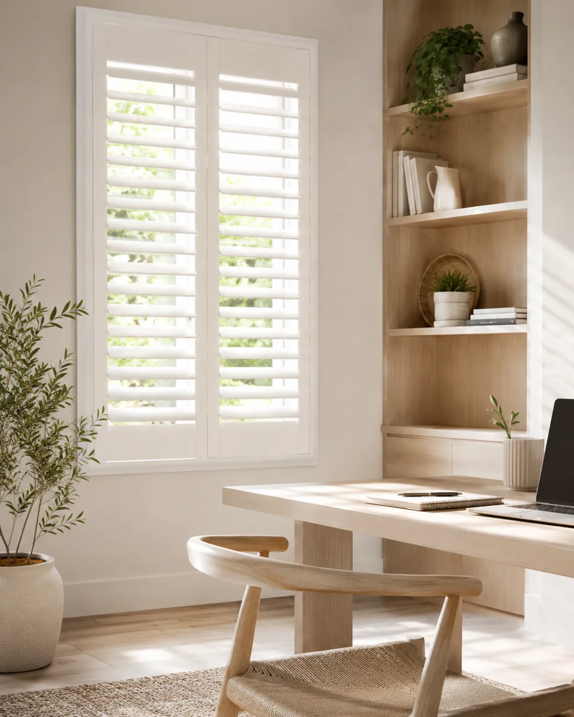Shaker-style interior plantation shutters installed in a home office