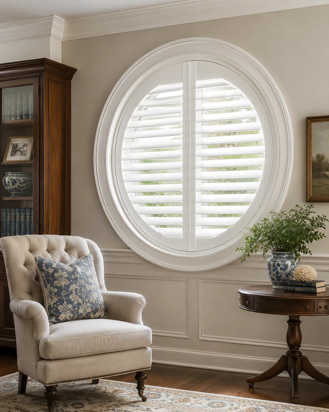 Specialty round window with custom interior plantation shutters