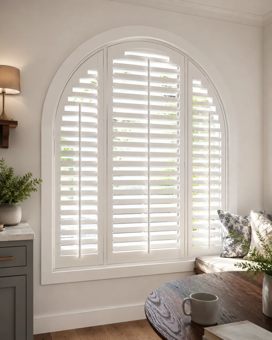 Arched window with custom white interior plantation shutters