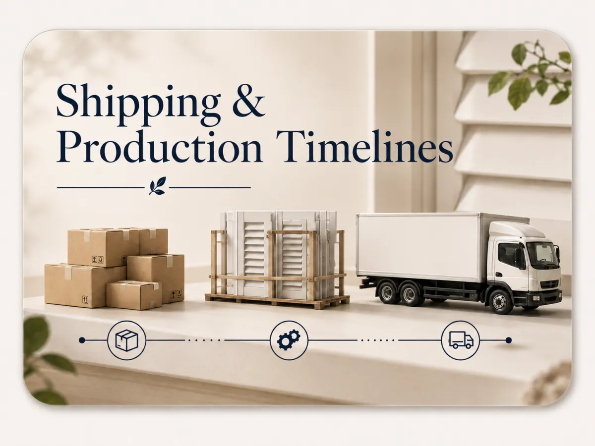 Shipping boxes and delivery truck for custom shutter production timeline