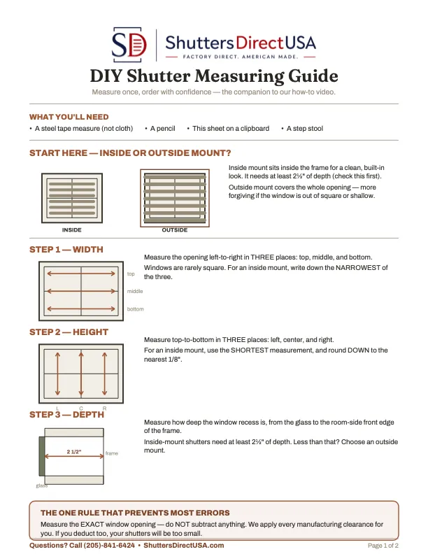 Preview of the ShuttersDirectUSA printable window measuring worksheet.