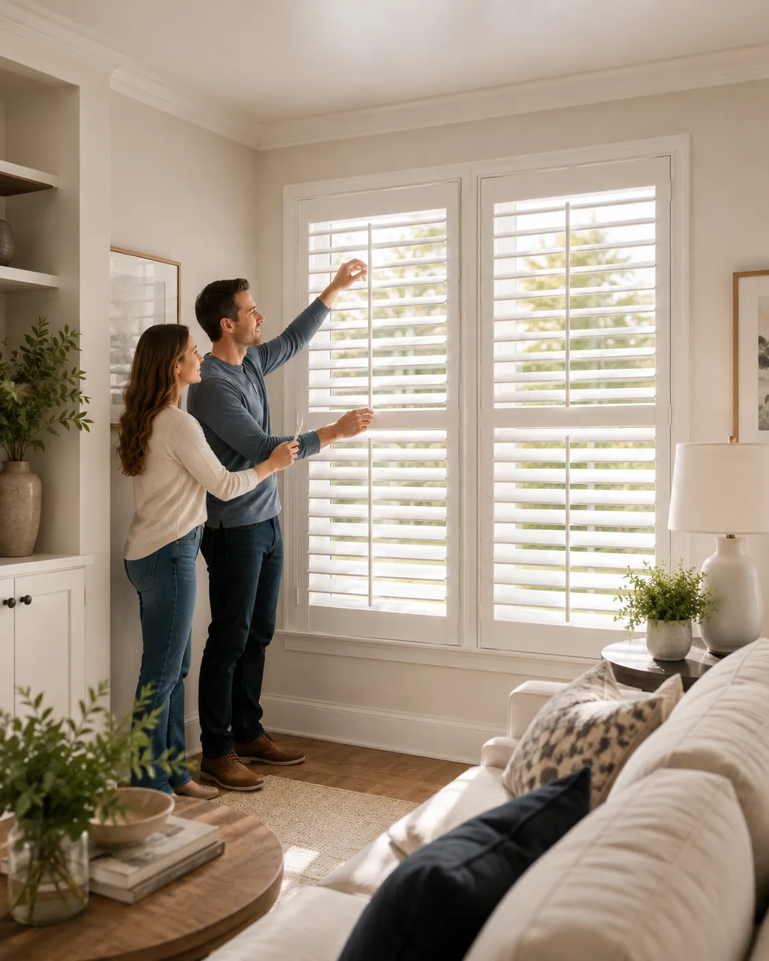 Homeowner taking a photo of interior plantation shutters for support review
