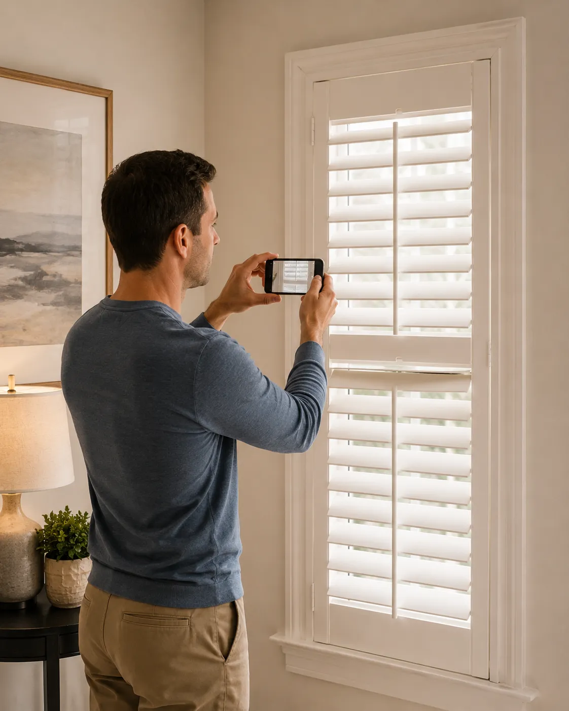 Homeowner taking a photo of interior plantation shutters for support review