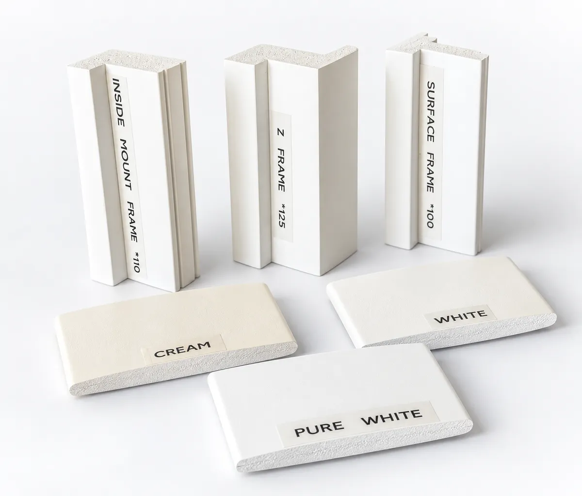 White interior shutter sample pieces showing color finish and material options