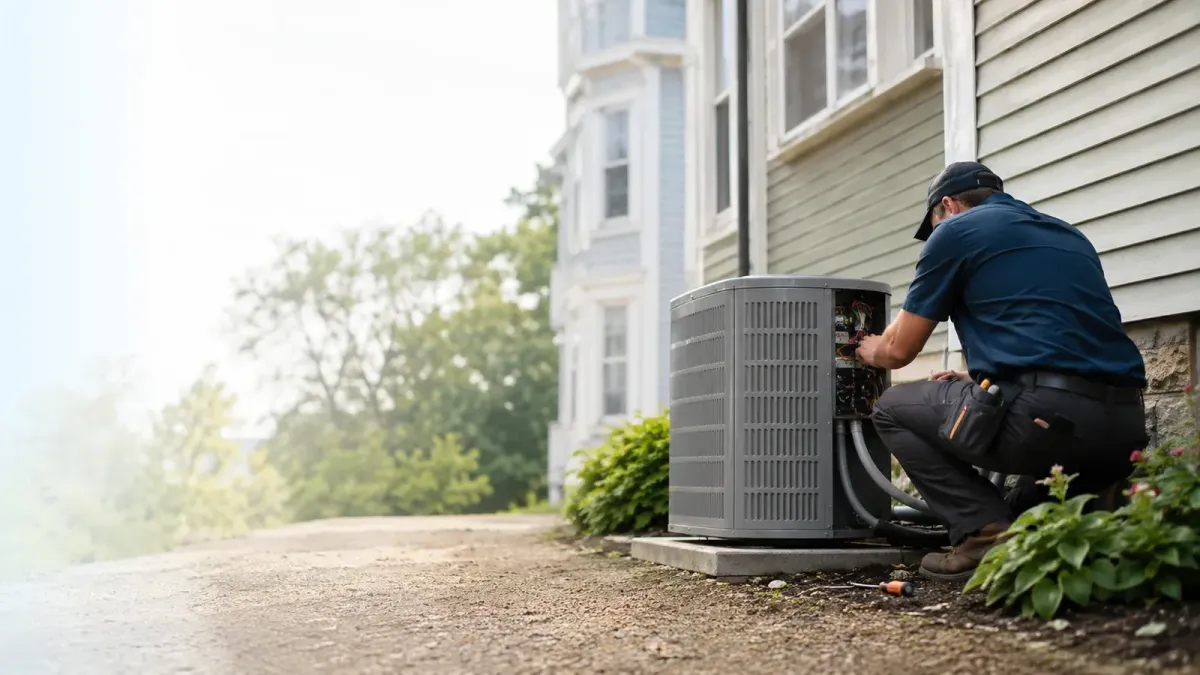 HVAC technician servicing an outdoor air conditioning unit beside a home in Somerville, MA