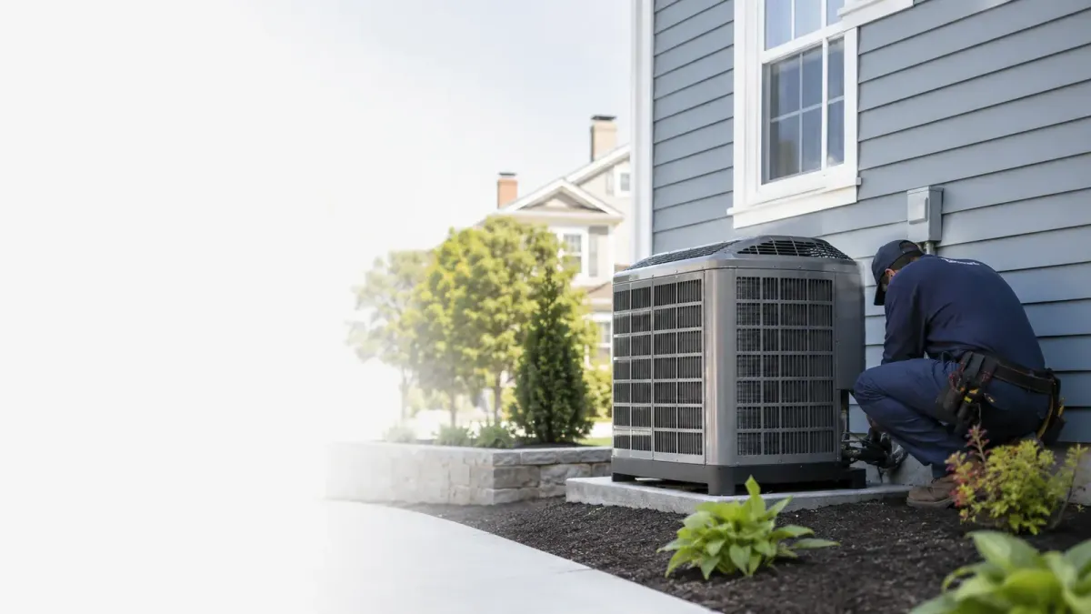 HVAC technician servicing an outdoor air conditioning unit beside a Somerville, MA home