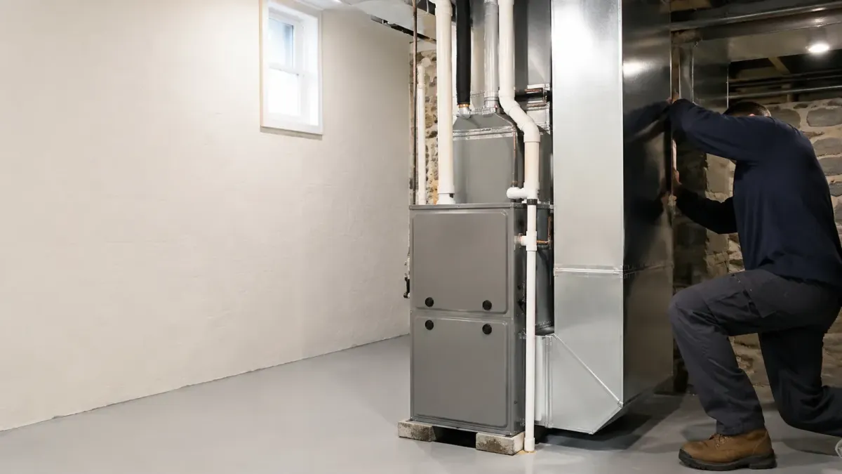 HVAC technician inspecting a residential furnace and ductwork in a Somerville, MA basement
