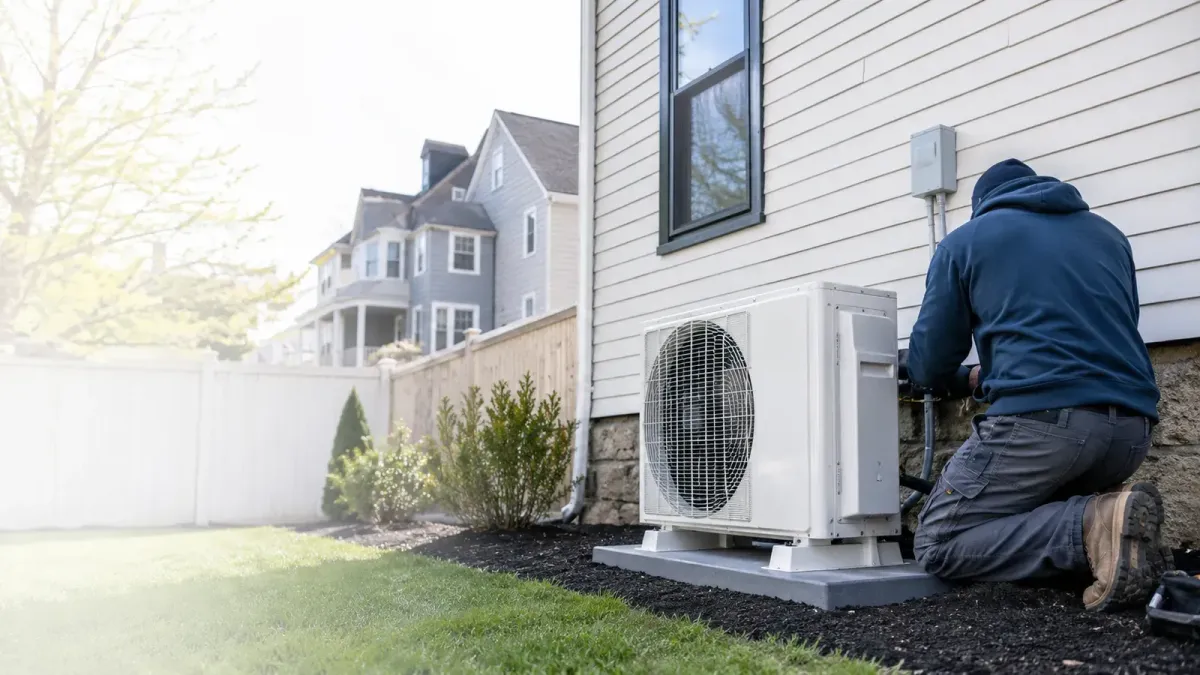 HVAC technician installing an outdoor ductless heat pump beside a Medford MA home