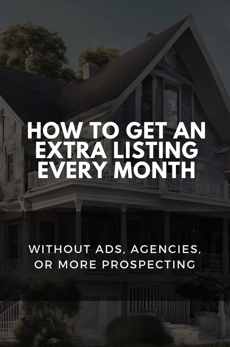 E-book cover titled 'How to Get an Extra Listing Every Month' featuring real estate lead generation strategies without ads or agencies.