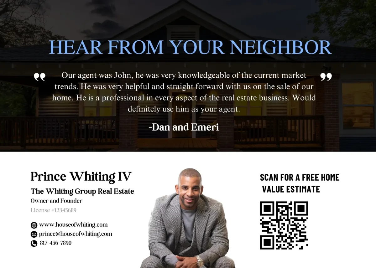 Recently Sold real estate postcard highlighting a successful deal, featuring agent branding and client testimonial.