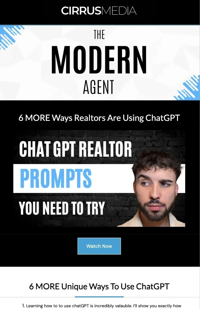 Modern real estate email newsletter template featuring a bold headline, agent branding, and a call-to-action button."