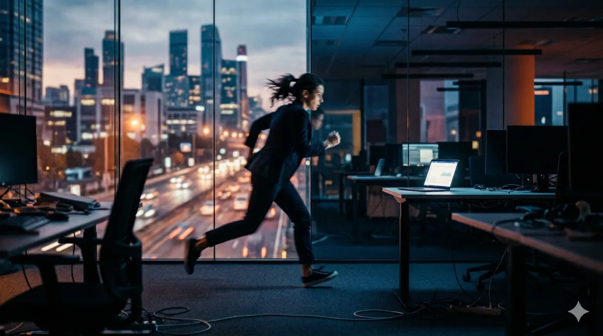 A wide, cinematic shot of a professional woman in a dark suit sprinting through a modern tech office at dusk toward a glowing laptop. The scene features dramatic blue and orange lighting, motion blur on the runner, and a blurred city skyline through large glass windows.